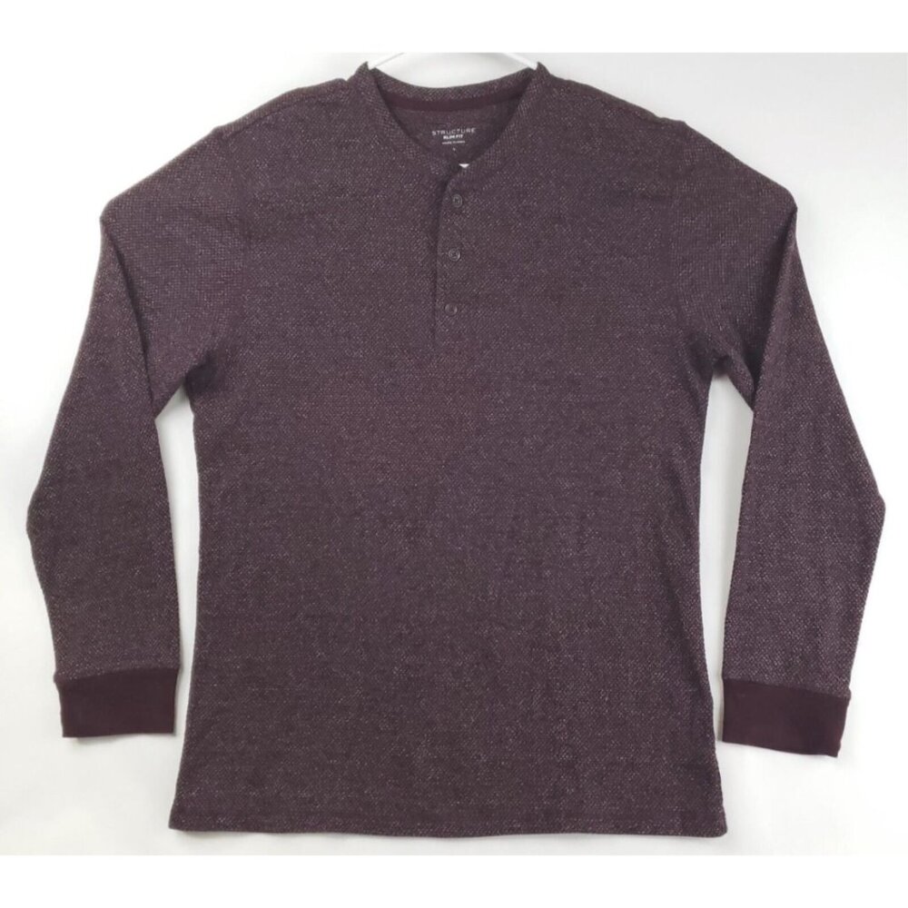 Structure Sweater Mens Large Burgundy Cotton Long Sleeve Slim Fit Henley Neck